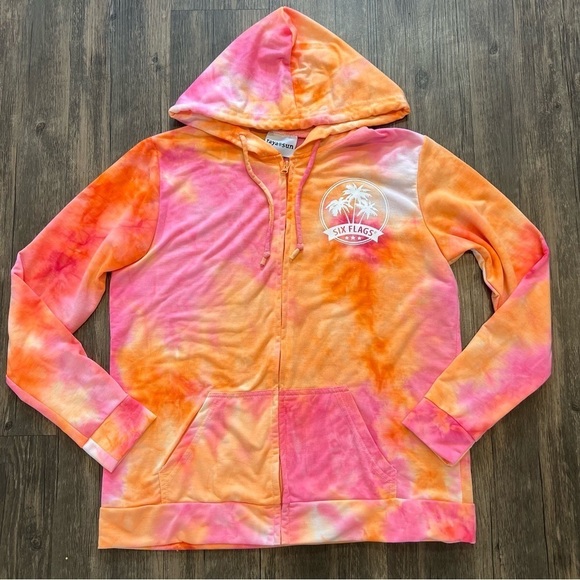 Girls Six Flags Tie Dye Orange Pink Hooded Drawstring Sweatshirt Size L - Picture 7 of 9